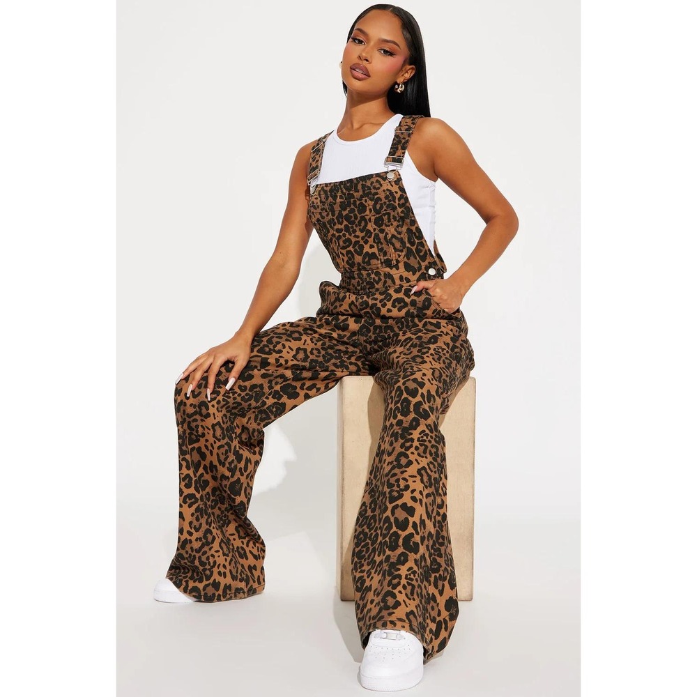 Fashion Nova Women Causing A Scandal Leopard Print Denim Overalls Brown Size 3